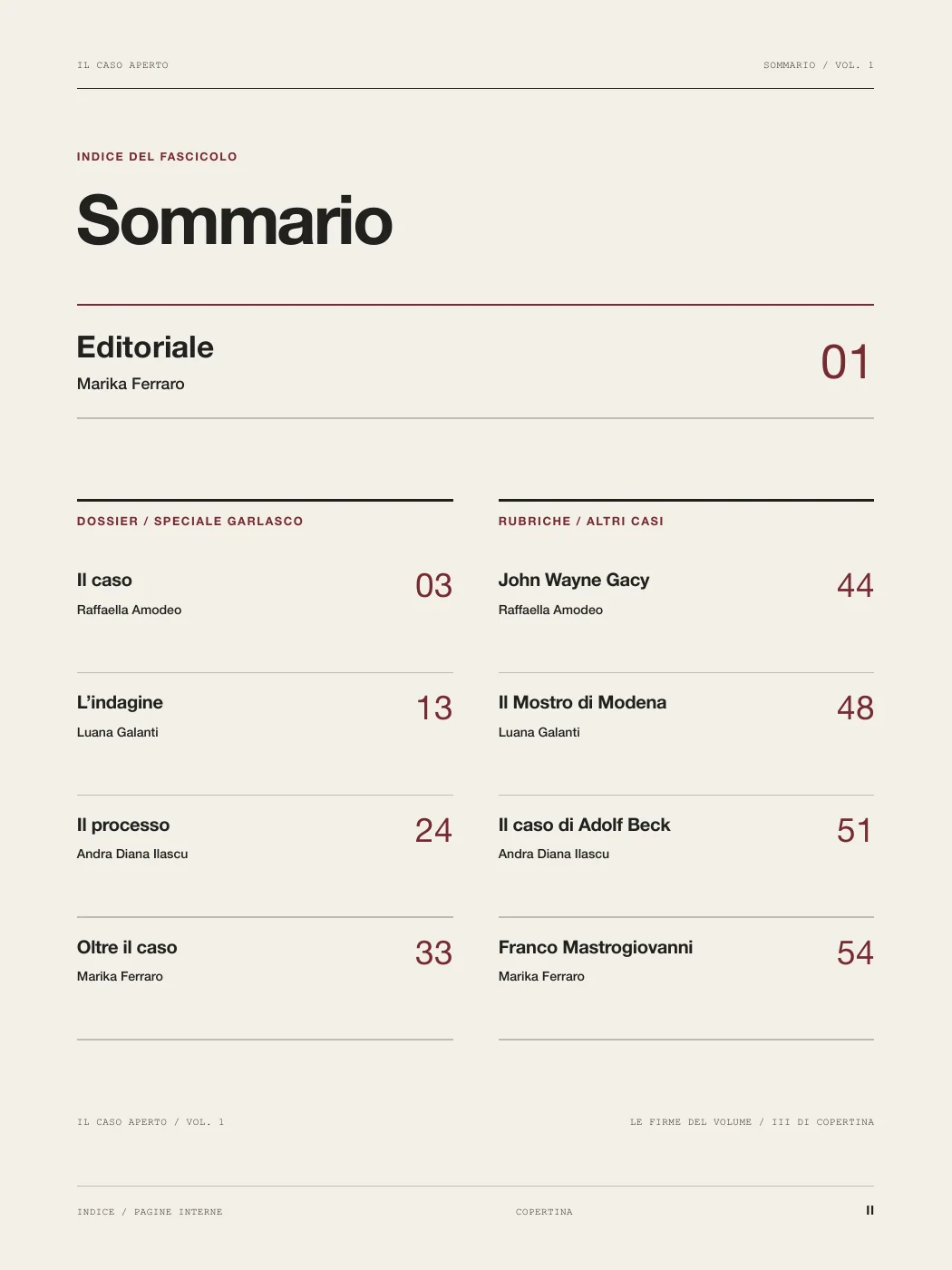 Sommario della rivista Il Caso Aperto Vol. 1
